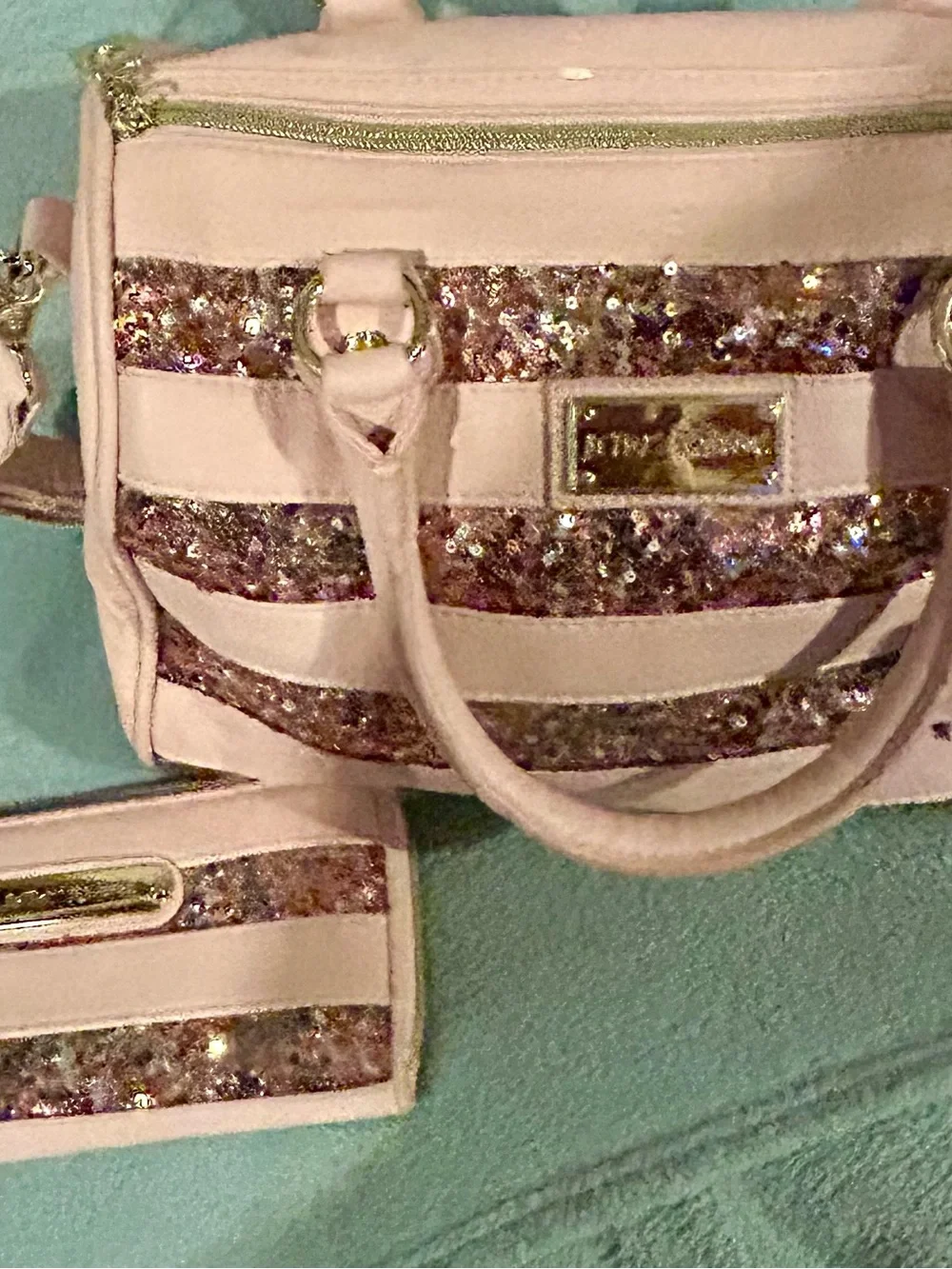 RARE! 2011 Betsey Johnson Blush Pink Sequin Stripe Satchel with Matching Wallet